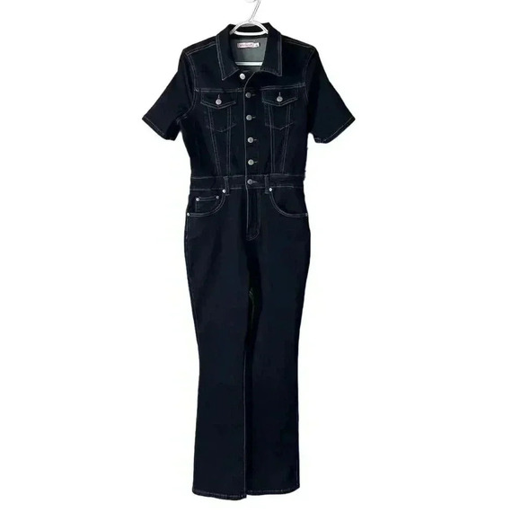 JustFab Pants - JustFab Women's Dark Denim Jumpsuit Blue Large Casual Short Sleeve